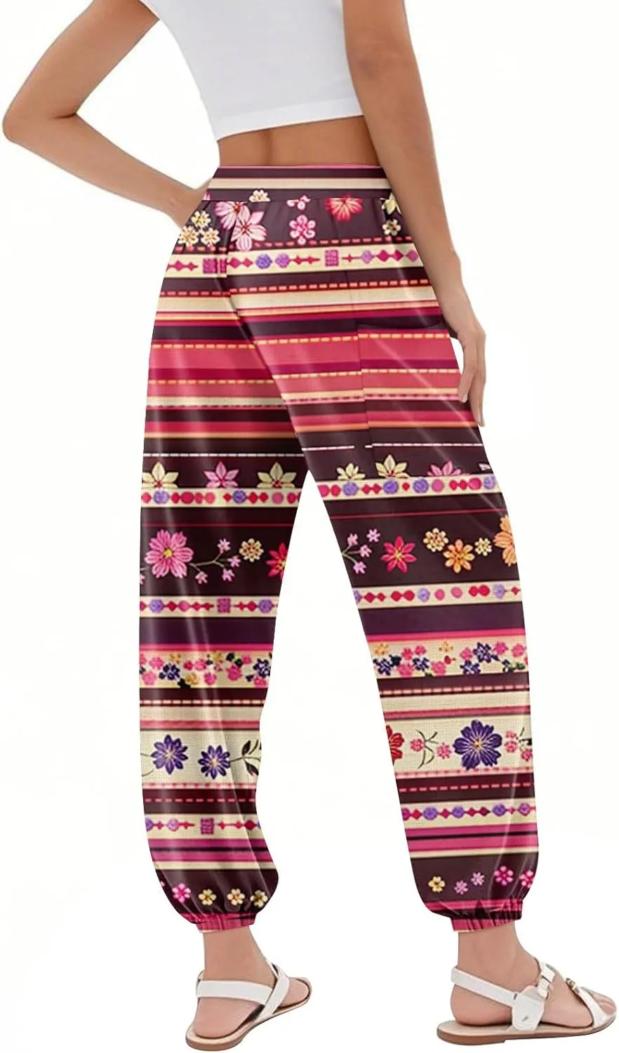 Women's Harem Pants, Hippie Palazzo Pants Boho Joggers High Waist Drawstring Trousers Flowy Clothes Pant with Pockets C0