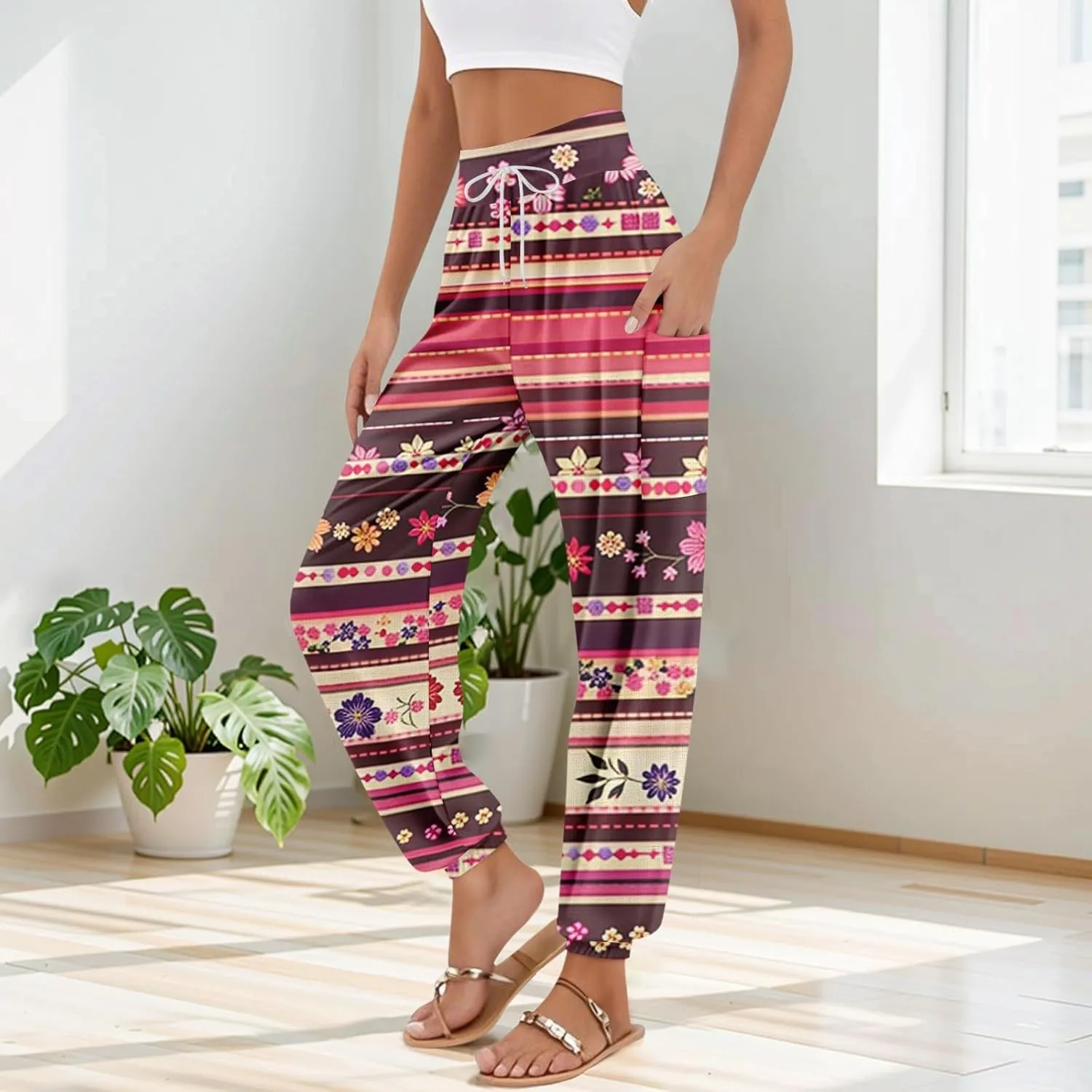 Women's Harem Pants, Hippie Palazzo Pants Boho Joggers High Waist Drawstring Trousers Flowy Clothes Pant with Pockets C0