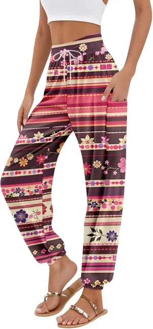 Women's Harem Pants, Hippie Palazzo Pants Boho Joggers High Waist Drawstring Trousers Flowy Clothes Pant with Pockets C0