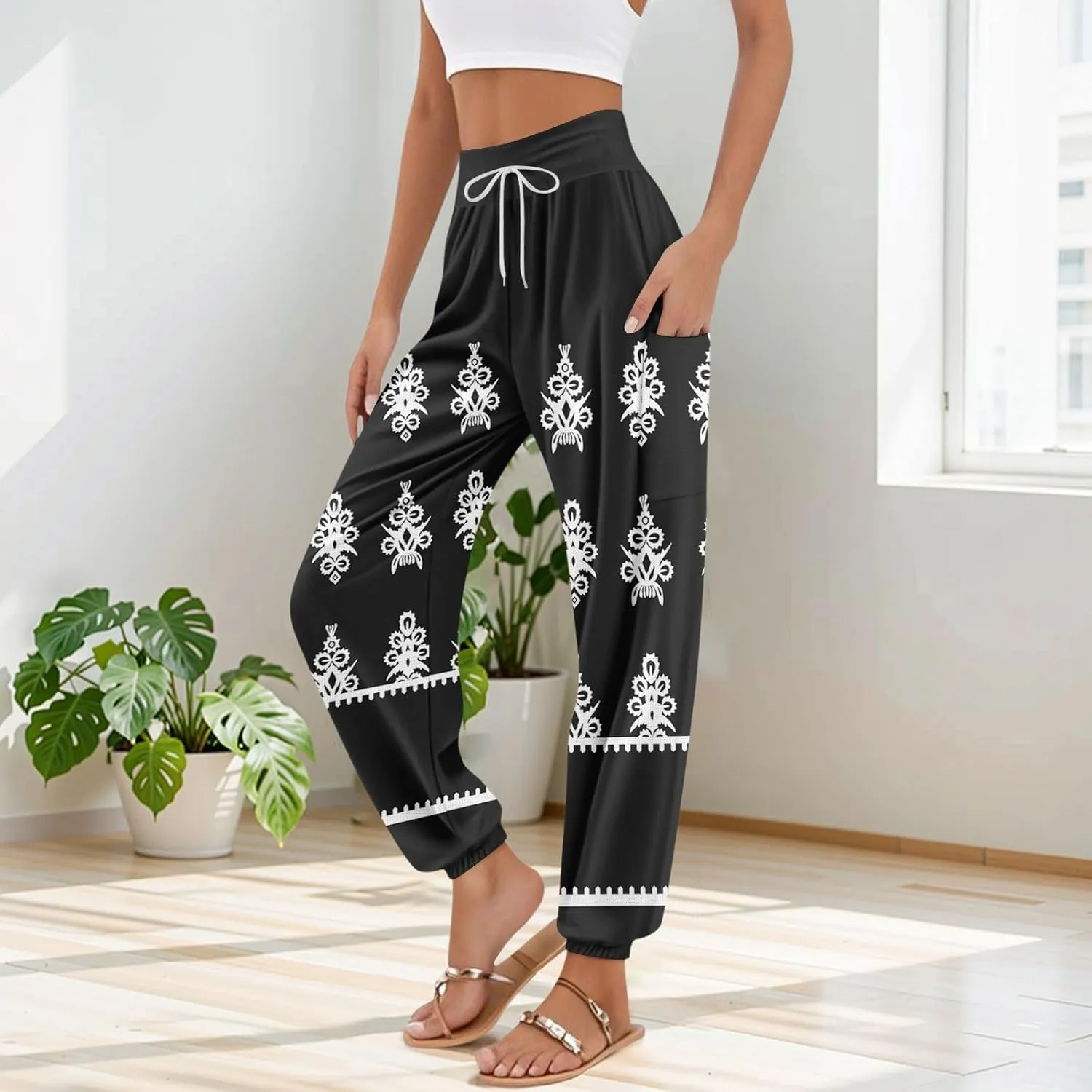 Women's Harem Pants, Hippie Palazzo Pants Boho Joggers High Waist Drawstring Trousers Flowy Clothes Pant with Pockets D1