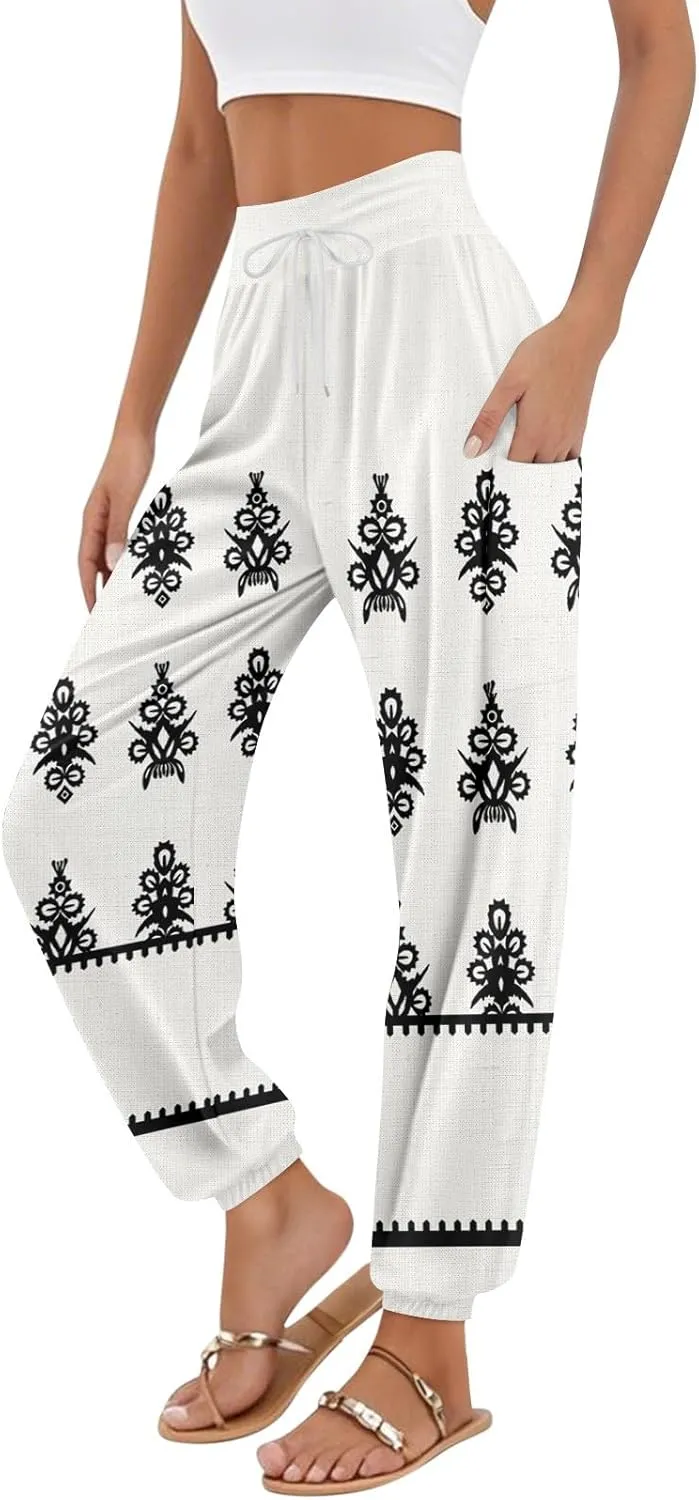 Women's Harem Pants, Hippie Palazzo Pants Boho Joggers High Waist Drawstring Trousers Flowy Clothes Pant with Pockets F0