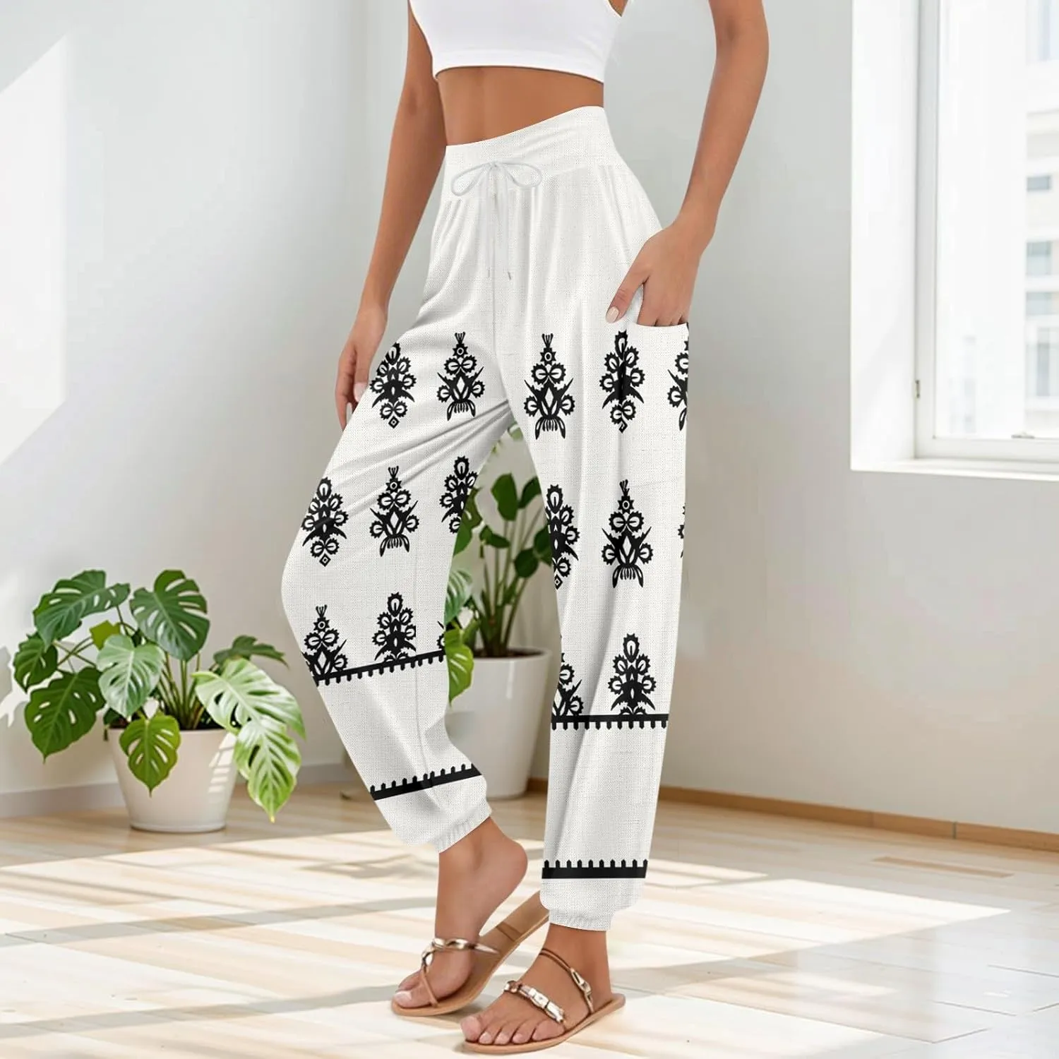 Women's Harem Pants, Hippie Palazzo Pants Boho Joggers High Waist Drawstring Trousers Flowy Clothes Pant with Pockets F0