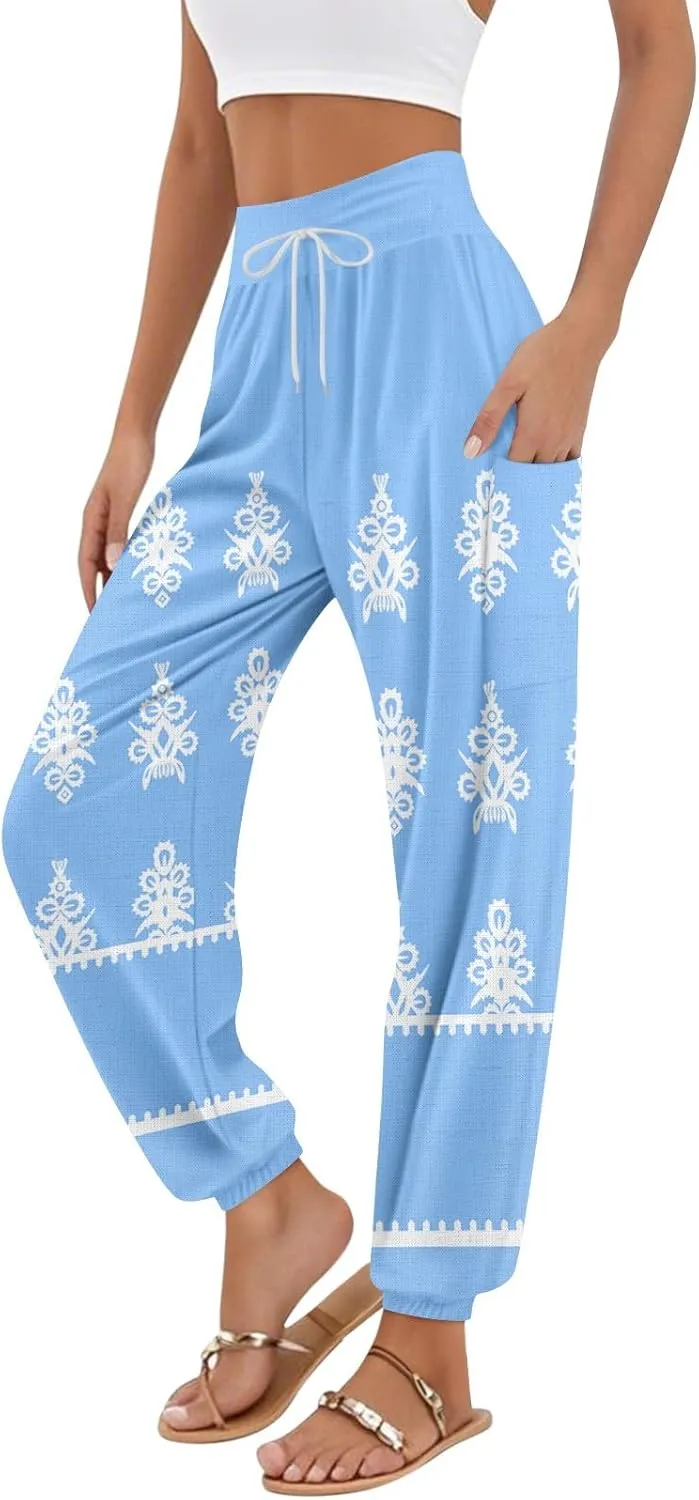 Women's Harem Pants, Hippie Palazzo Pants Boho Joggers High Waist Drawstring Trousers Flowy Clothes Pant with Pockets F0