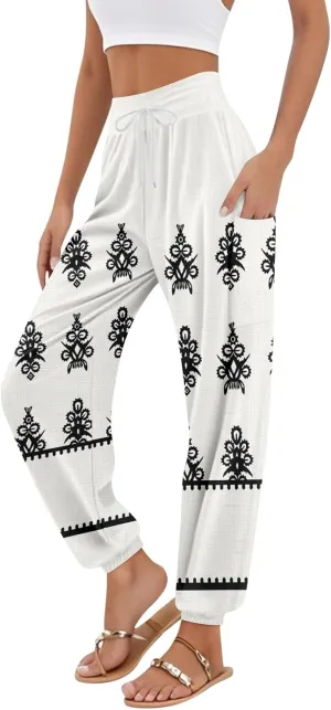 Women's Harem Pants, Hippie Palazzo Pants Boho Joggers High Waist Drawstring Trousers Flowy Clothes Pant with Pockets F0