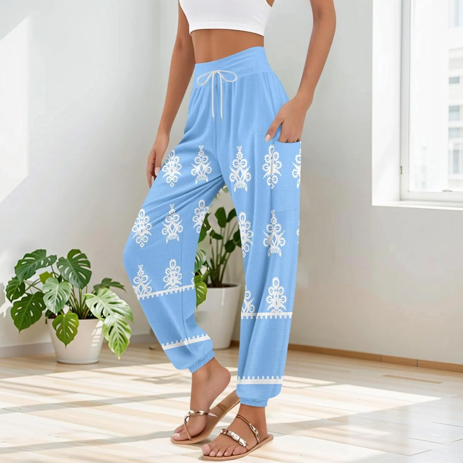 Women's Harem Pants, Hippie Palazzo Pants Boho Joggers High Waist Drawstring Trousers Flowy Clothes Pant with Pockets F0