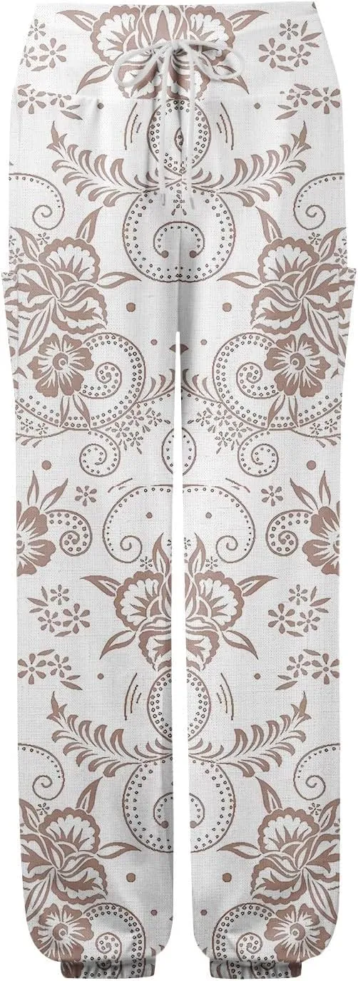 Women's Harem Pants, Hippie Palazzo Pants Boho Joggers High Waist Drawstring Trousers Flowy Clothes Pant with Pockets F1