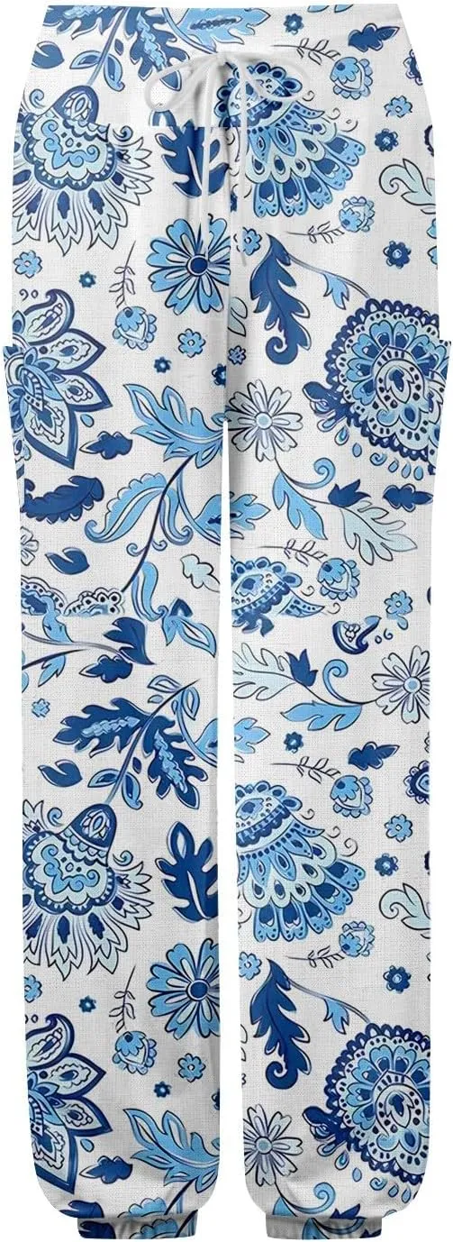 Women's Harem Pants, Hippie Palazzo Pants Boho Joggers High Waist Drawstring Trousers Flowy Clothes Pant with Pockets F1