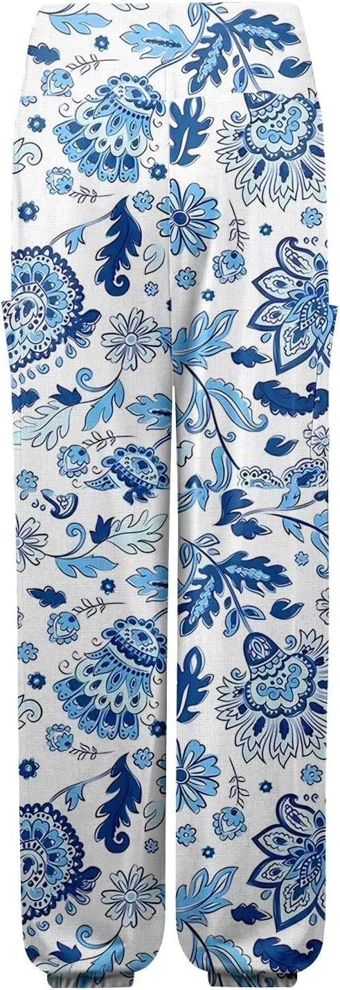 Women's Harem Pants, Hippie Palazzo Pants Boho Joggers High Waist Drawstring Trousers Flowy Clothes Pant with Pockets F1