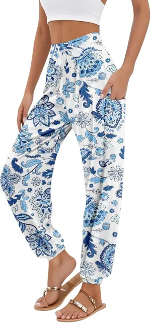 Women's Harem Pants, Hippie Palazzo Pants Boho Joggers High Waist Drawstring Trousers Flowy Clothes Pant with Pockets F1