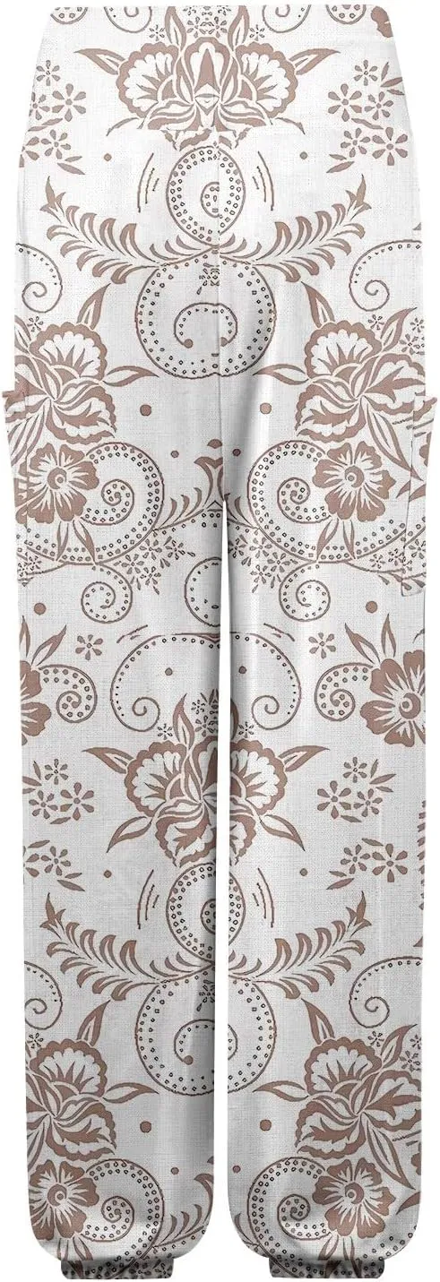 Women's Harem Pants, Hippie Palazzo Pants Boho Joggers High Waist Drawstring Trousers Flowy Clothes Pant with Pockets F1