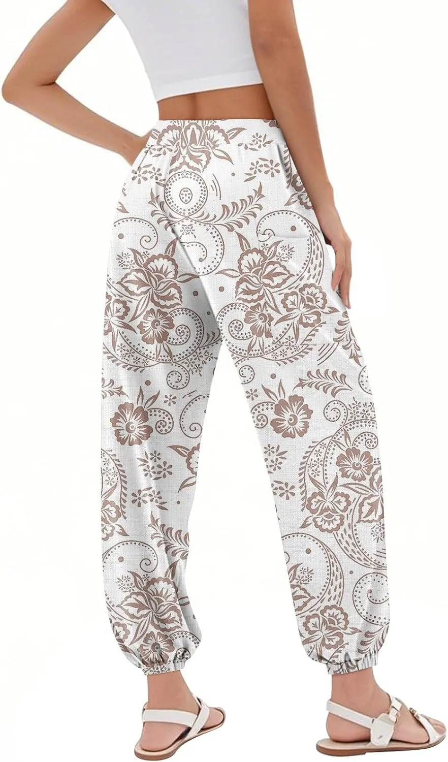 Women's Harem Pants, Hippie Palazzo Pants Boho Joggers High Waist Drawstring Trousers Flowy Clothes Pant with Pockets F1