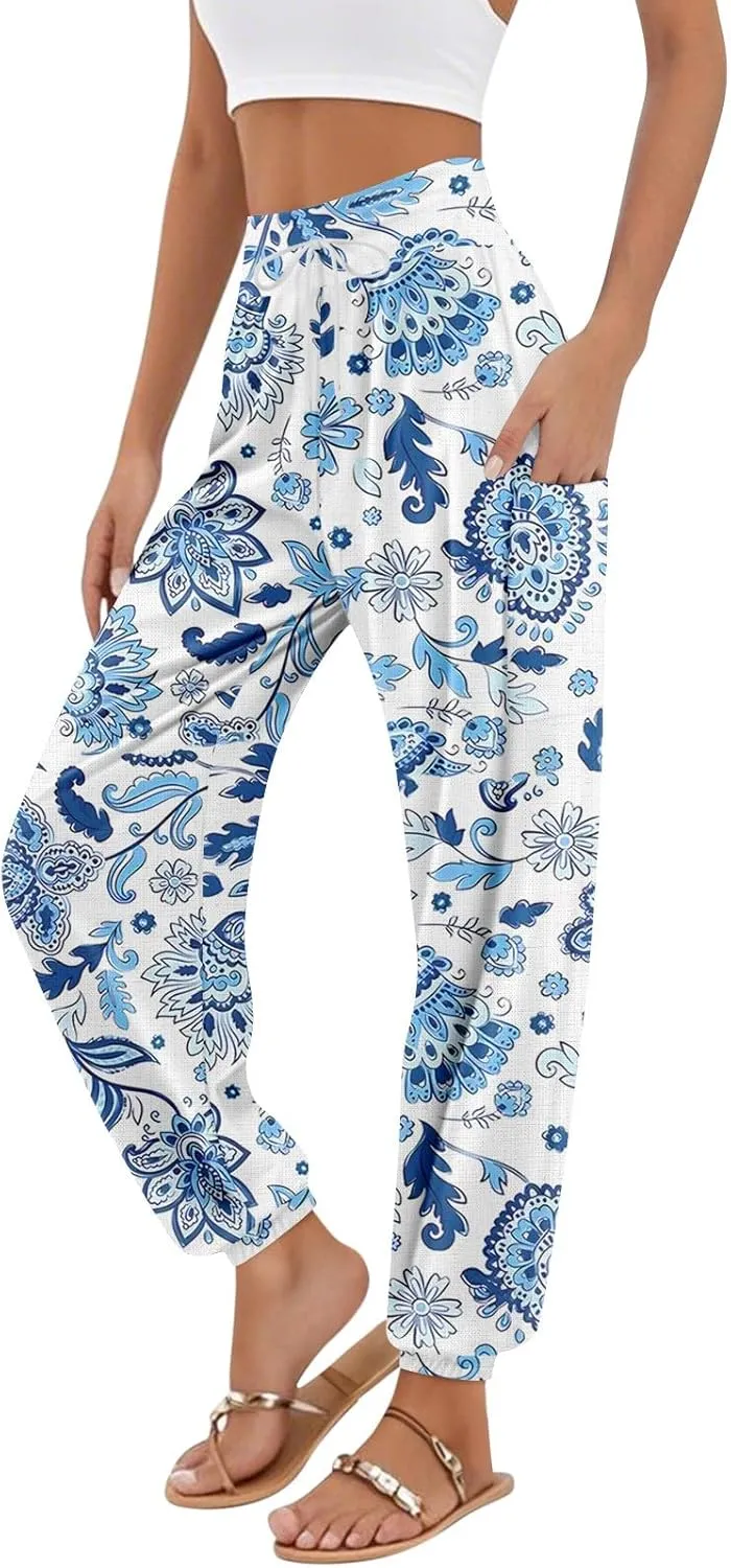 Women's Harem Pants, Hippie Palazzo Pants Boho Joggers High Waist Drawstring Trousers Flowy Clothes Pant with Pockets F1