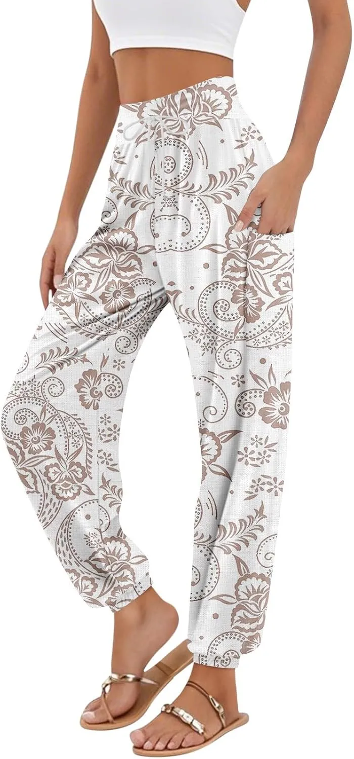 Women's Harem Pants, Hippie Palazzo Pants Boho Joggers High Waist Drawstring Trousers Flowy Clothes Pant with Pockets F1