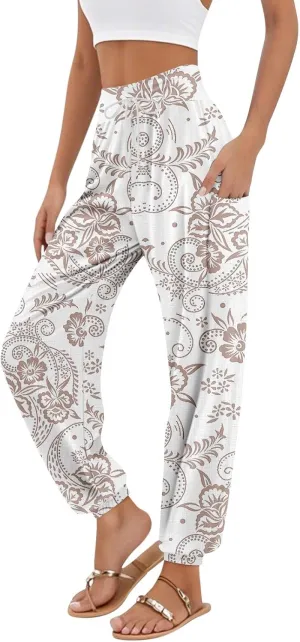 Women's Harem Pants, Hippie Palazzo Pants Boho Joggers High Waist Drawstring Trousers Flowy Clothes Pant with Pockets F1