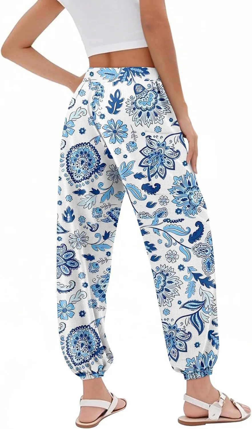 Women's Harem Pants, Hippie Palazzo Pants Boho Joggers High Waist Drawstring Trousers Flowy Clothes Pant with Pockets F1