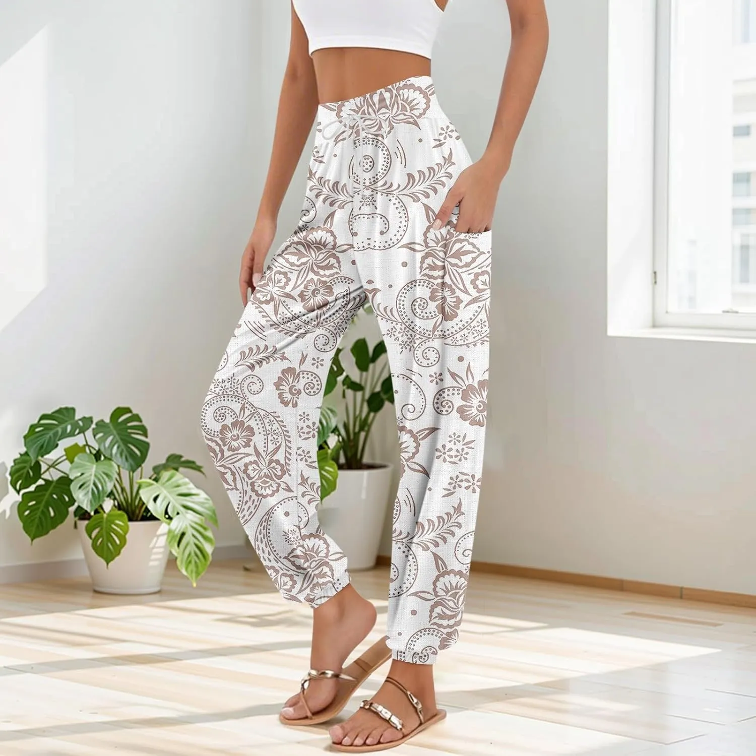 Women's Harem Pants, Hippie Palazzo Pants Boho Joggers High Waist Drawstring Trousers Flowy Clothes Pant with Pockets F1