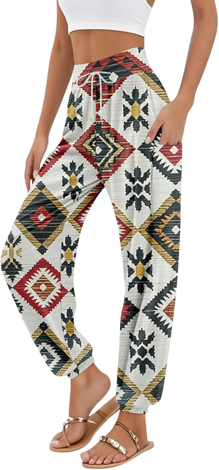 Women's Harem Pants, Hippie Palazzo Pants Boho Joggers High Waist Drawstring Trousers Flowy Clothes Pant with Pockets J0