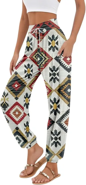 Women's Harem Pants, Hippie Palazzo Pants Boho Joggers High Waist Drawstring Trousers Flowy Clothes Pant with Pockets J0