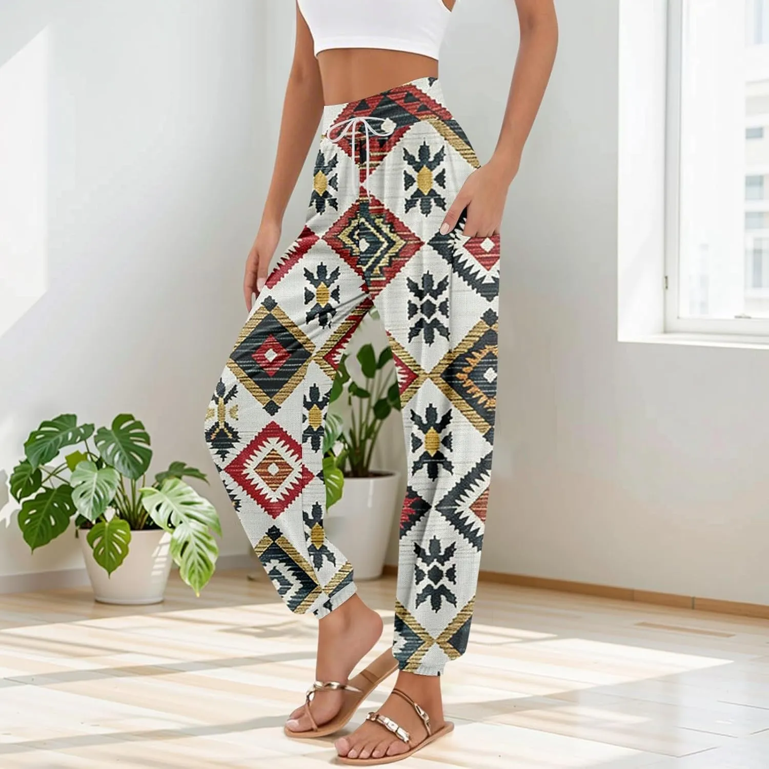 Women's Harem Pants, Hippie Palazzo Pants Boho Joggers High Waist Drawstring Trousers Flowy Clothes Pant with Pockets J0