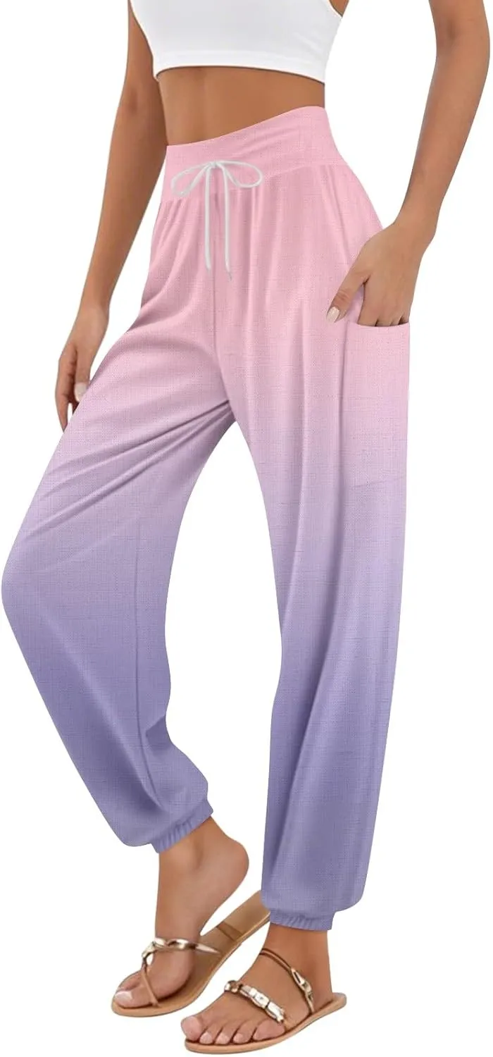 Women's Harem Pants, Hippie Palazzo Pants Boho Joggers High Waist Drawstring Trousers Flowy Clothes Pant with Pockets J2