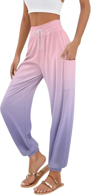 Women's Harem Pants, Hippie Palazzo Pants Boho Joggers High Waist Drawstring Trousers Flowy Clothes Pant with Pockets J2