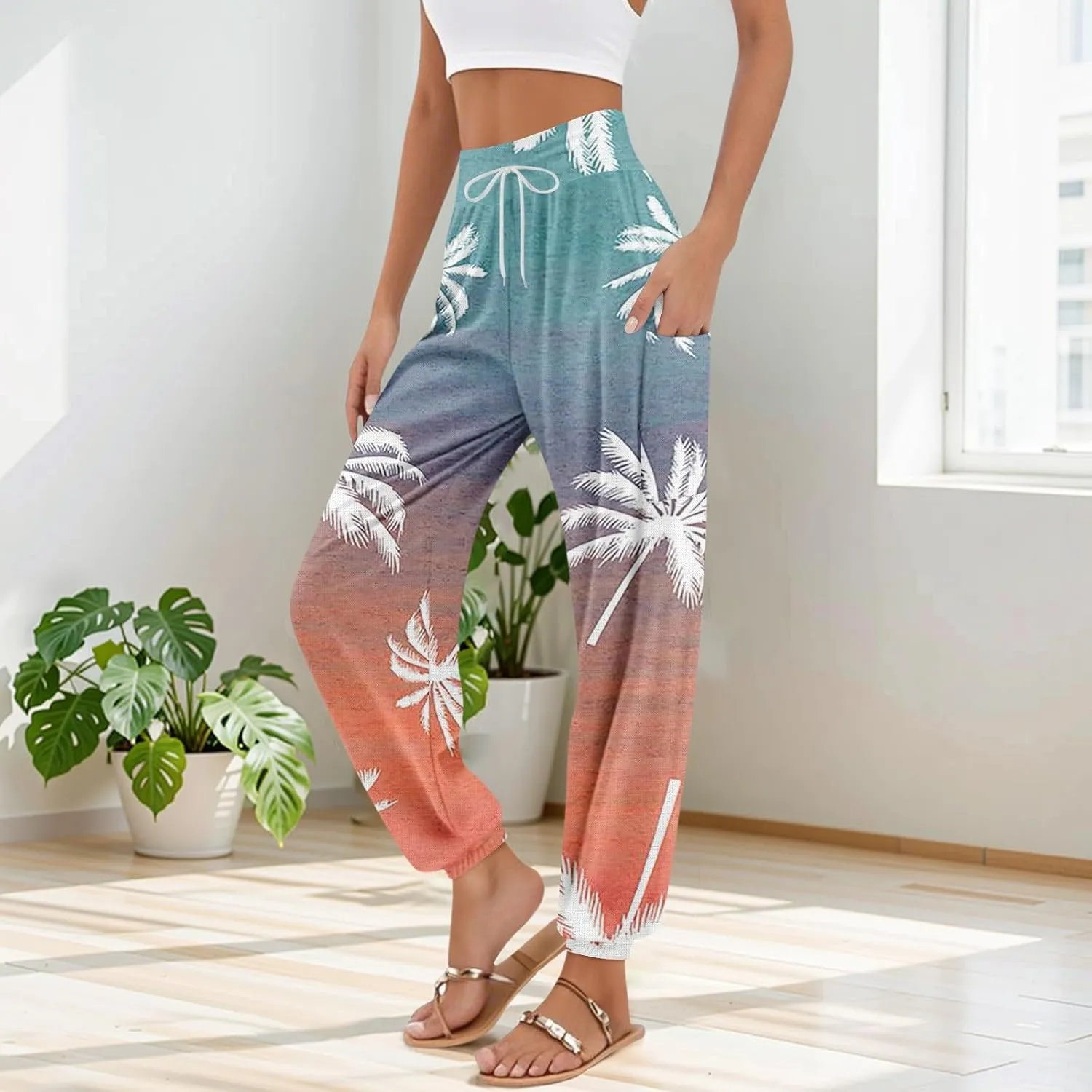 Women's Harem Pants, Hippie Palazzo Pants Boho Joggers High Waist Drawstring Trousers Flowy Clothes Pant with Pockets L0