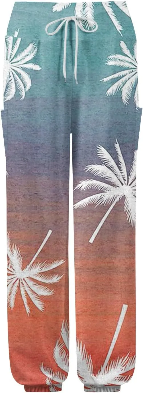 Women's Harem Pants, Hippie Palazzo Pants Boho Joggers High Waist Drawstring Trousers Flowy Clothes Pant with Pockets L0