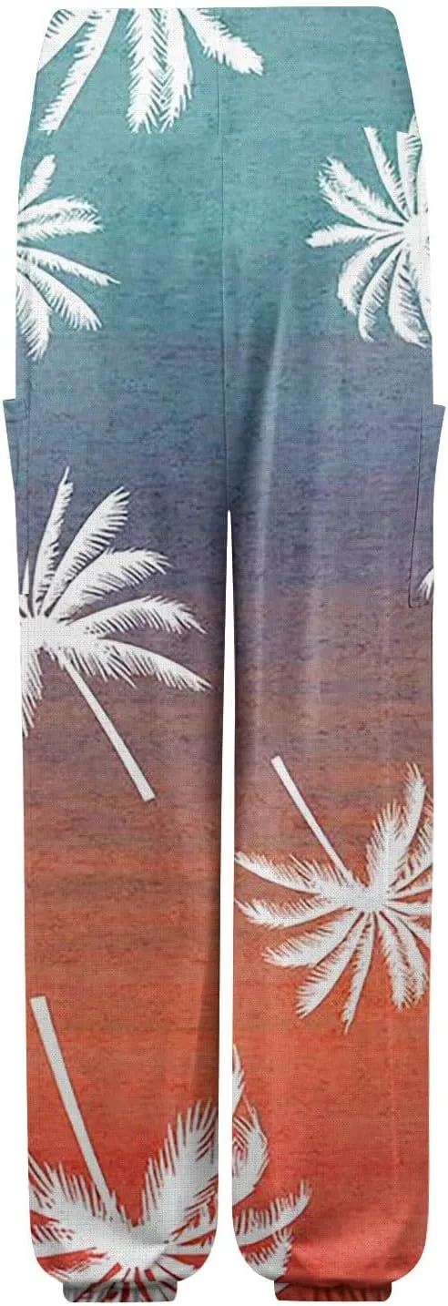 Women's Harem Pants, Hippie Palazzo Pants Boho Joggers High Waist Drawstring Trousers Flowy Clothes Pant with Pockets L0