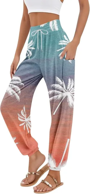 Women's Harem Pants, Hippie Palazzo Pants Boho Joggers High Waist Drawstring Trousers Flowy Clothes Pant with Pockets L0