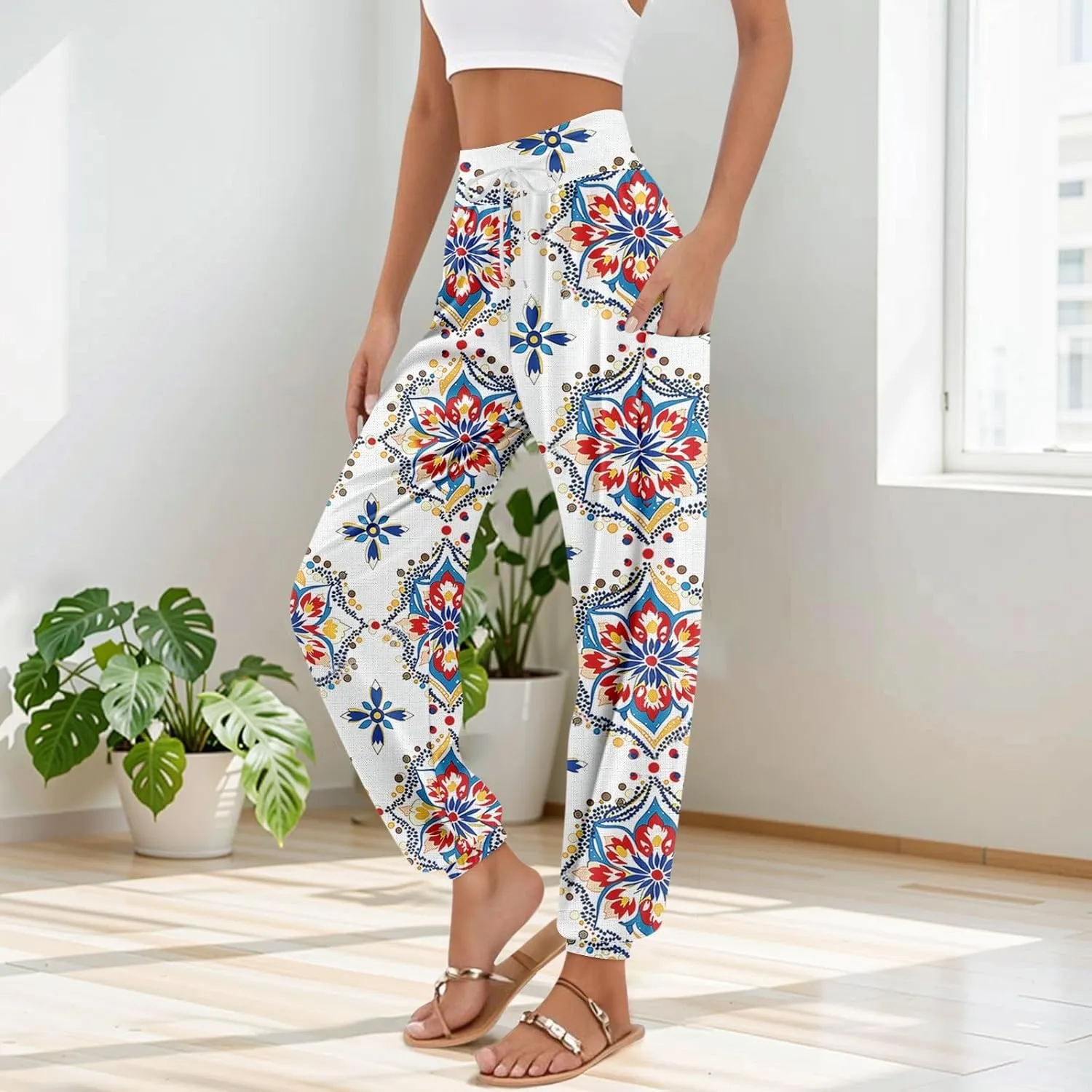 Women's Harem Pants, Hippie Palazzo Pants Boho Joggers High Waist Drawstring Trousers Flowy Clothes Pant with Pockets M1