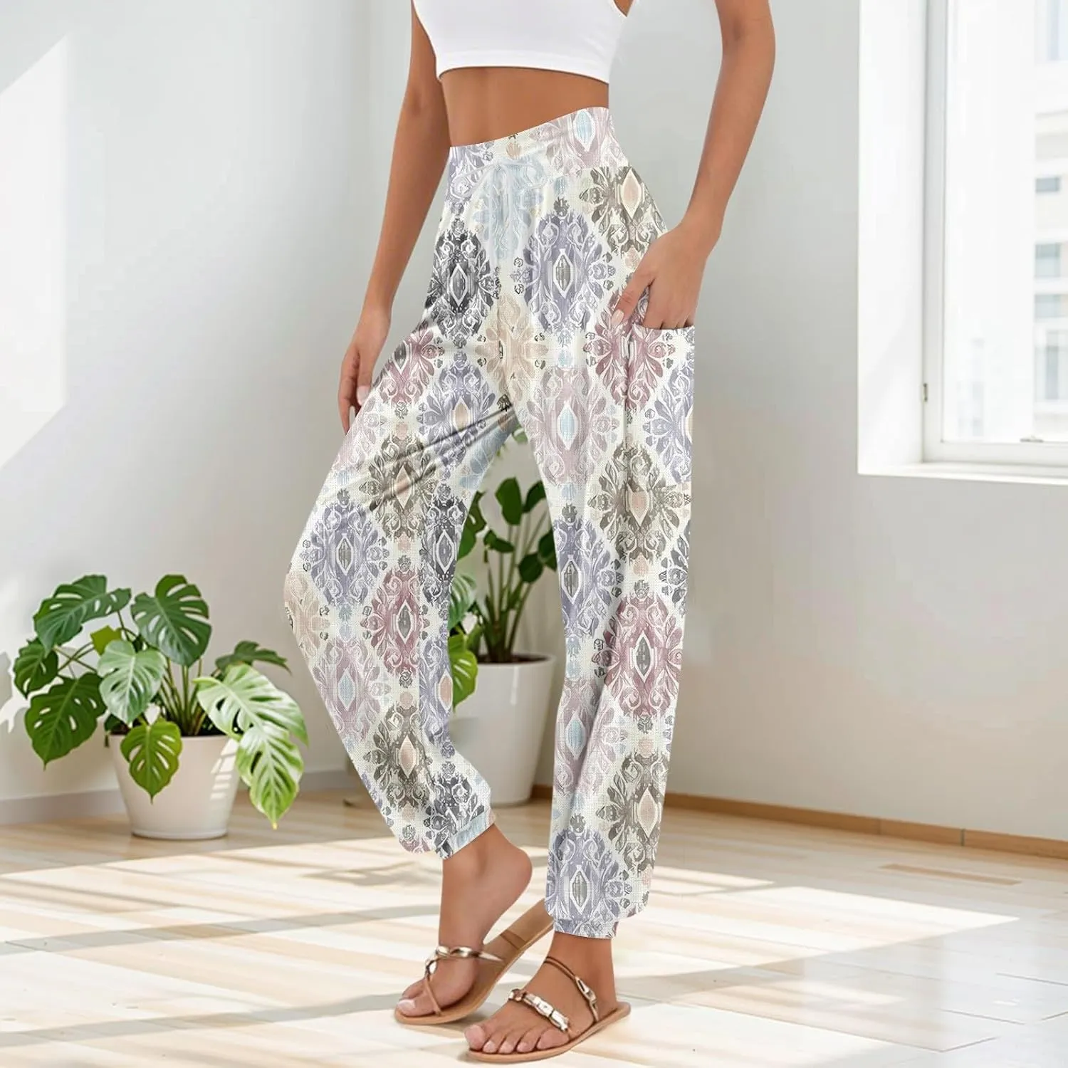 Women's Harem Pants, Hippie Palazzo Pants Boho Joggers High Waist Drawstring Trousers Flowy Clothes Pant with Pockets M1