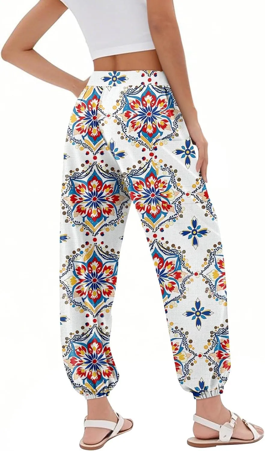 Women's Harem Pants, Hippie Palazzo Pants Boho Joggers High Waist Drawstring Trousers Flowy Clothes Pant with Pockets M1