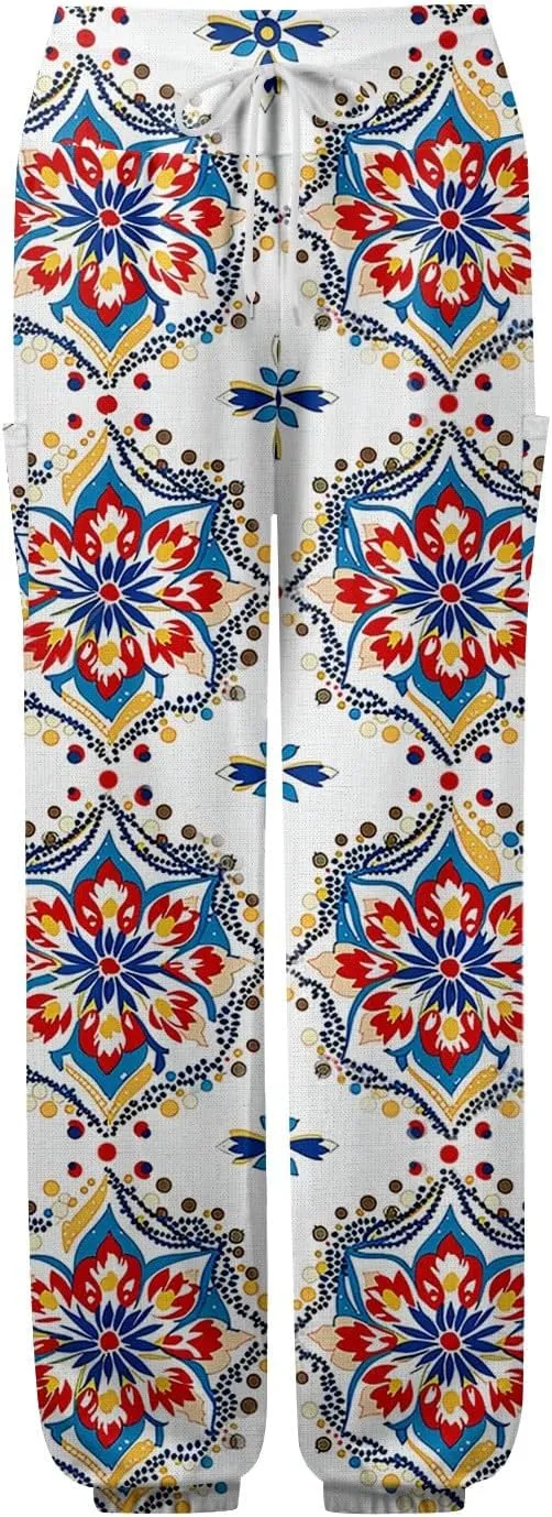 Women's Harem Pants, Hippie Palazzo Pants Boho Joggers High Waist Drawstring Trousers Flowy Clothes Pant with Pockets M1