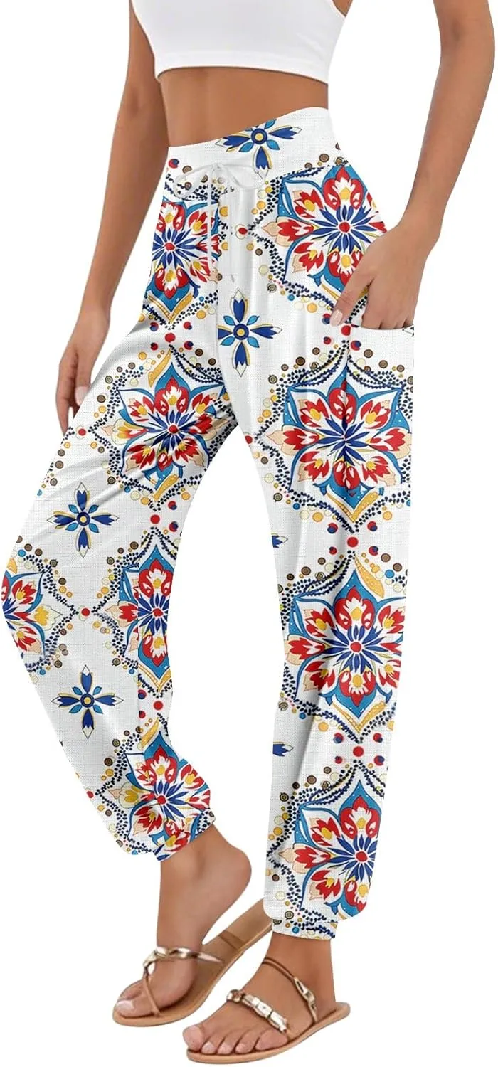 Women's Harem Pants, Hippie Palazzo Pants Boho Joggers High Waist Drawstring Trousers Flowy Clothes Pant with Pockets M1