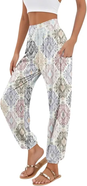 Women's Harem Pants, Hippie Palazzo Pants Boho Joggers High Waist Drawstring Trousers Flowy Clothes Pant with Pockets M1