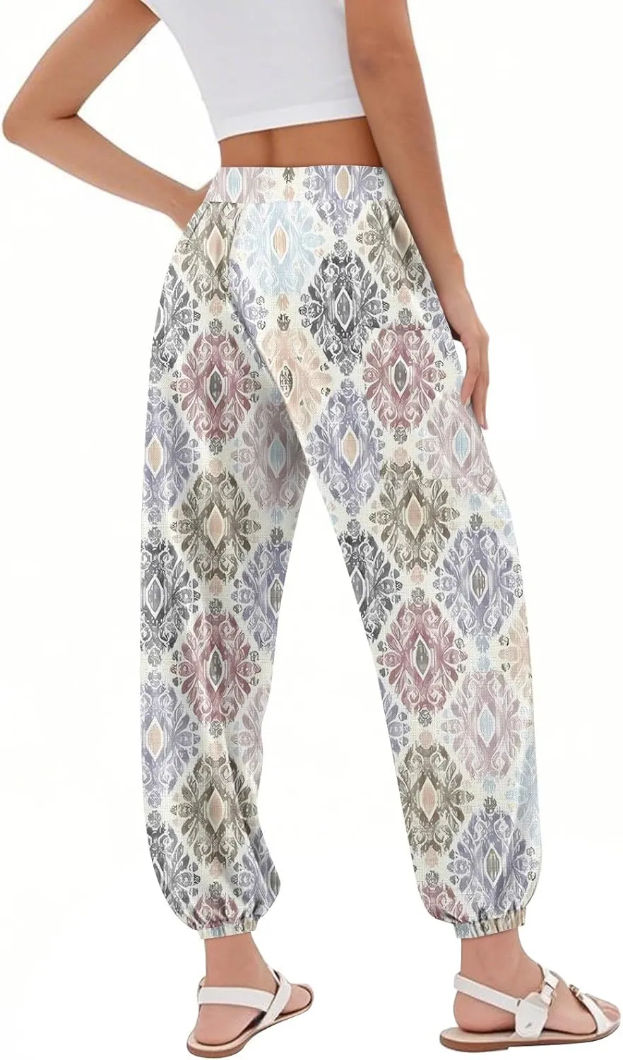 Women's Harem Pants, Hippie Palazzo Pants Boho Joggers High Waist Drawstring Trousers Flowy Clothes Pant with Pockets M1