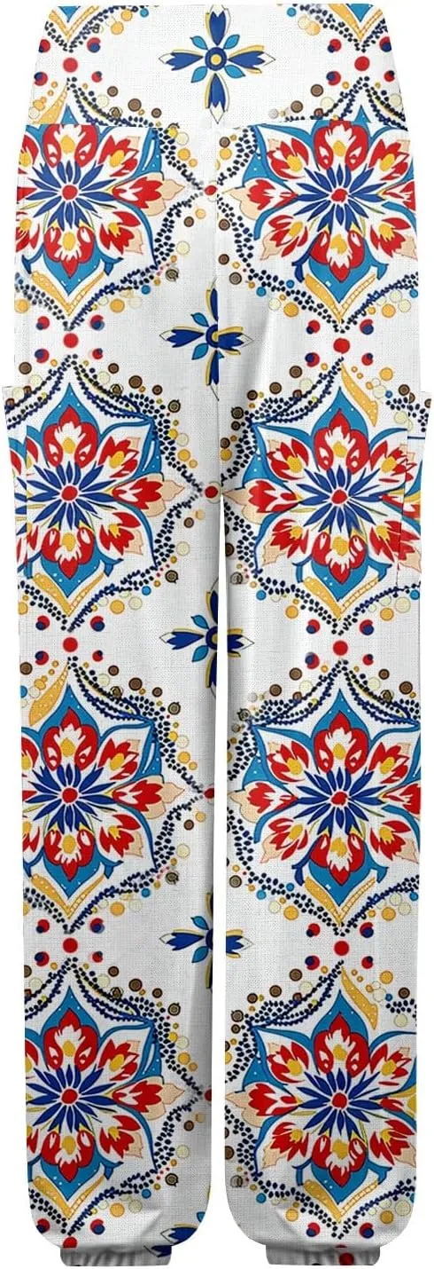 Women's Harem Pants, Hippie Palazzo Pants Boho Joggers High Waist Drawstring Trousers Flowy Clothes Pant with Pockets M1