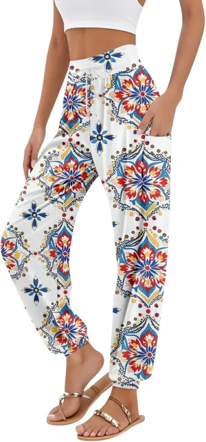 Women's Harem Pants, Hippie Palazzo Pants Boho Joggers High Waist Drawstring Trousers Flowy Clothes Pant with Pockets M1