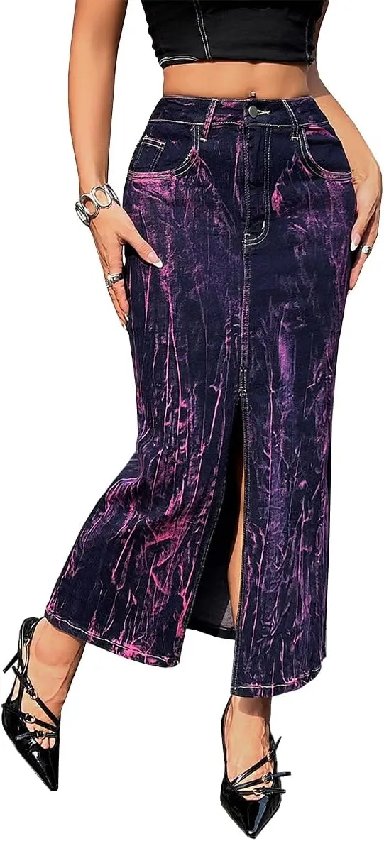 Women's High Waisted Maxi Long Denim Skirts Stretchy Slit Washed Tie Dye Skinny Butt Lifting Jean Midi Skirt,Purple3,L
