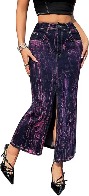 Women's High Waisted Maxi Long Denim Skirts Stretchy Slit Washed Tie Dye Skinny Butt Lifting Jean Midi Skirt,Purple3,M