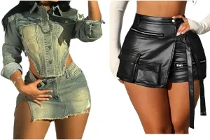 Womens High Waisted PU Leather Skorts and Denim Two Piece Skirt Set for Women