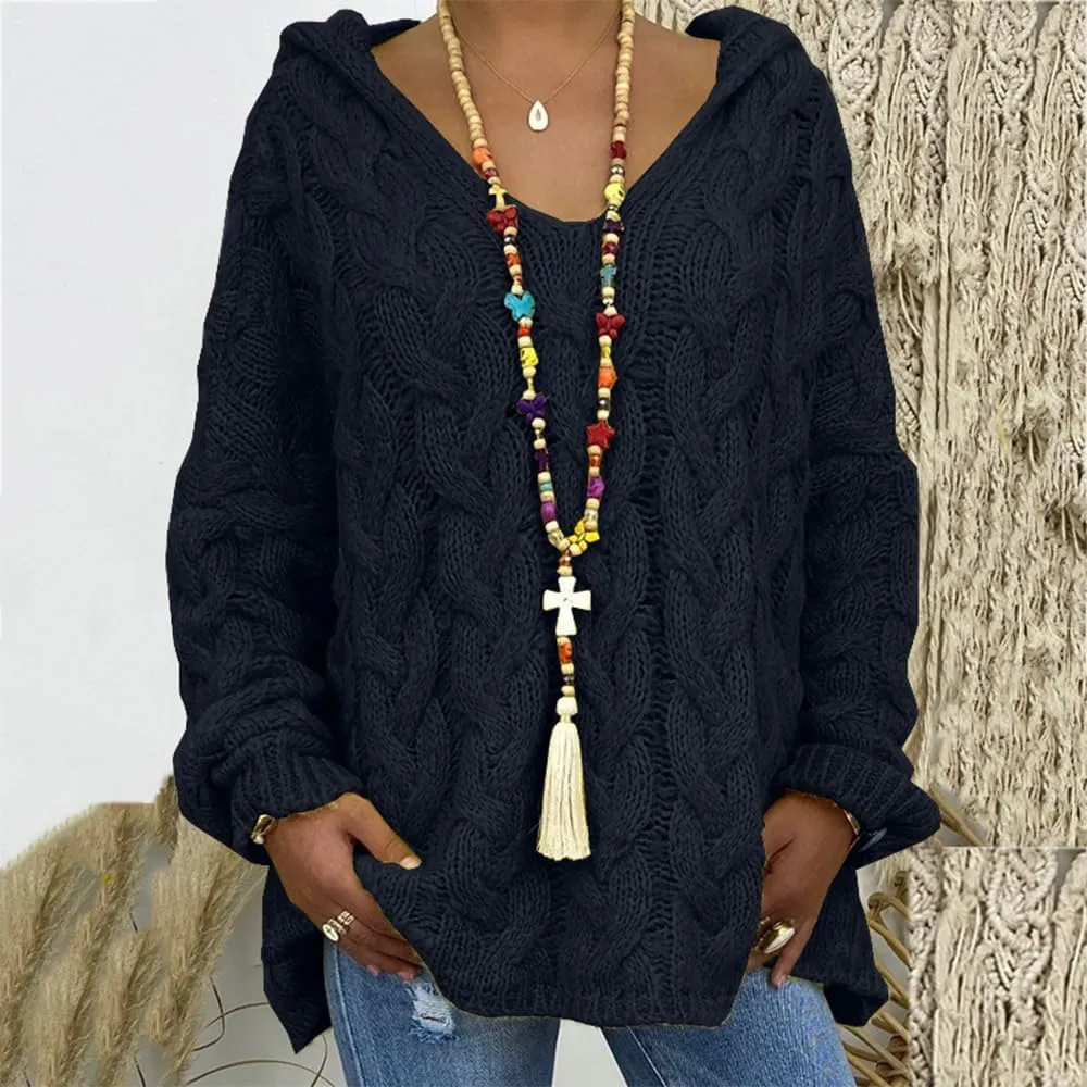Womens Hooded Sweater Long Sleeve Chunky Cable Knit V Neck Loose Hoodies Oversized Tunic Drop Shoulder Pullover