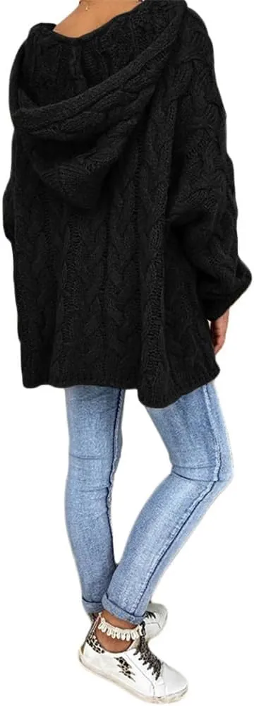 Womens Hooded Sweater Long Sleeve Chunky Cable Knit V Neck Loose Hoodies Oversized Tunic Drop Shoulder Pullover