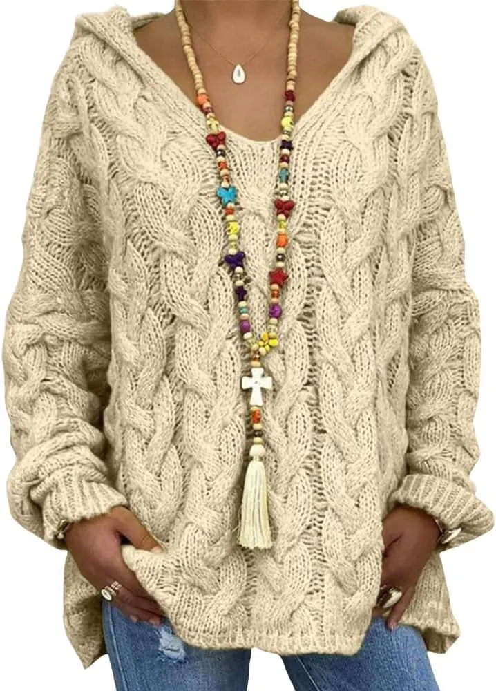 Womens Hooded Sweater Long Sleeve Chunky Cable Knit V Neck Loose Hoodies Oversized Tunic Drop Shoulder Pullover