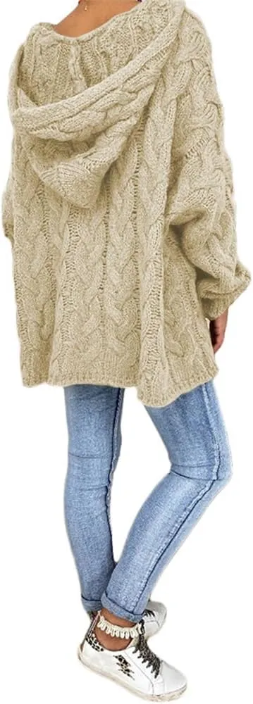 Womens Hooded Sweater Long Sleeve Chunky Cable Knit V Neck Loose Hoodies Oversized Tunic Drop Shoulder Pullover