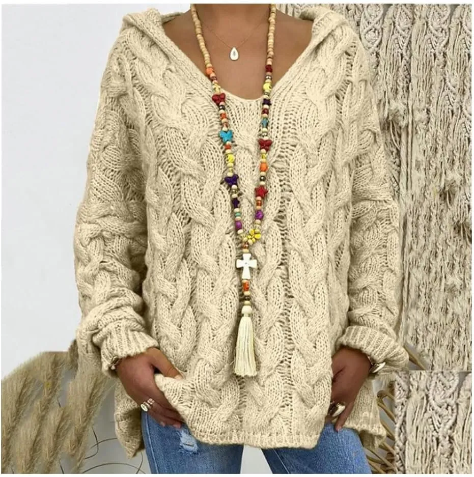 Womens Hooded Sweater Long Sleeve Chunky Cable Knit V Neck Loose Hoodies Oversized Tunic Drop Shoulder Pullover