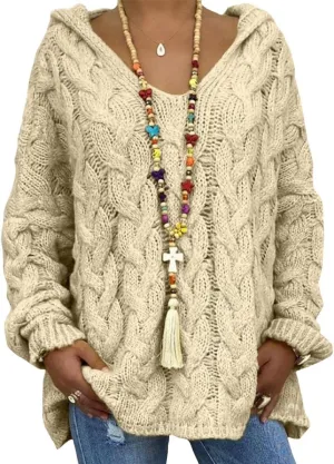 Womens Hooded Sweater Long Sleeve Chunky Cable Knit V Neck Loose Hoodies Oversized Tunic Drop Shoulder Pullover