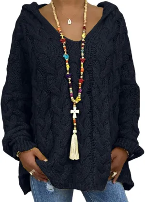 Womens Hooded Sweater Long Sleeve Chunky Cable Knit V Neck Loose Hoodies Oversized Tunic Drop Shoulder Pullover