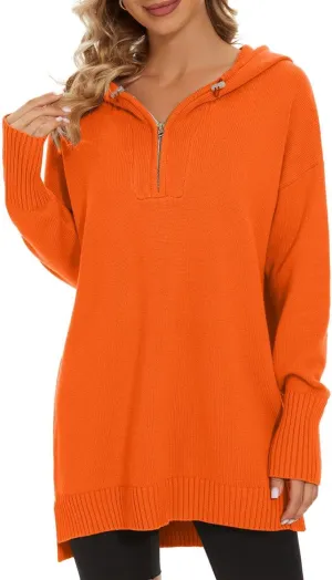 Women??s Hooded Sweater Loose Half Zip Drawstring Pullover Sweatshirt Top Casual Long Sleeve Side Slit Knit Hoodie Orange