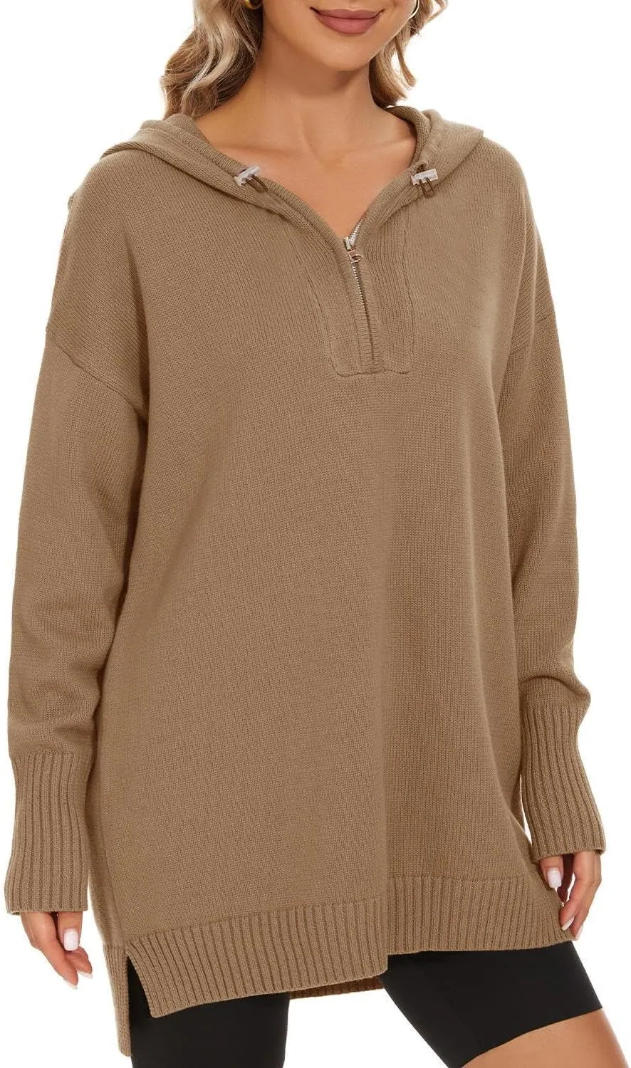 Women??s Hooded Sweater Loose Half Zip Drawstring Pullover Sweatshirt Top Casual Long Sleeve Side Slit Knit Hoodie